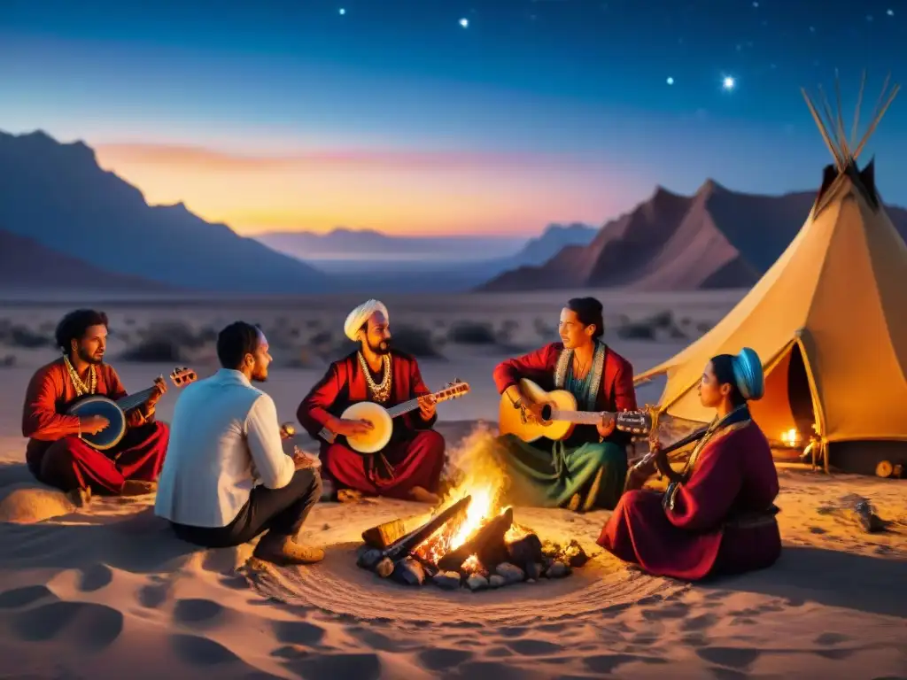 Grupo de músicos nómadas tocando instrumentos tradicionales alrededor de una fogata bajo un cielo estrellado en el desierto