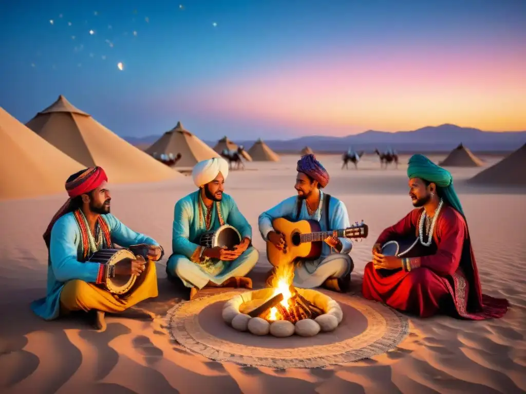 Grupo de músicos nómadas tocando instrumentos tradicionales bajo un cielo estrellado en el desierto, con tiendas y camellos al fondo