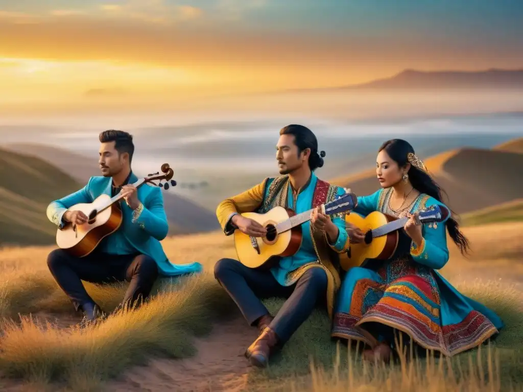 Un grupo de músicos nómadas tocando instrumentos tradicionales en las estepas al atardecer