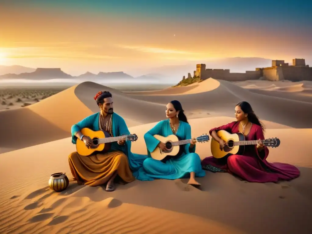 Grupo de músicos nómadas tocando instrumentos tradicionales bajo un cielo estrellado en el desierto