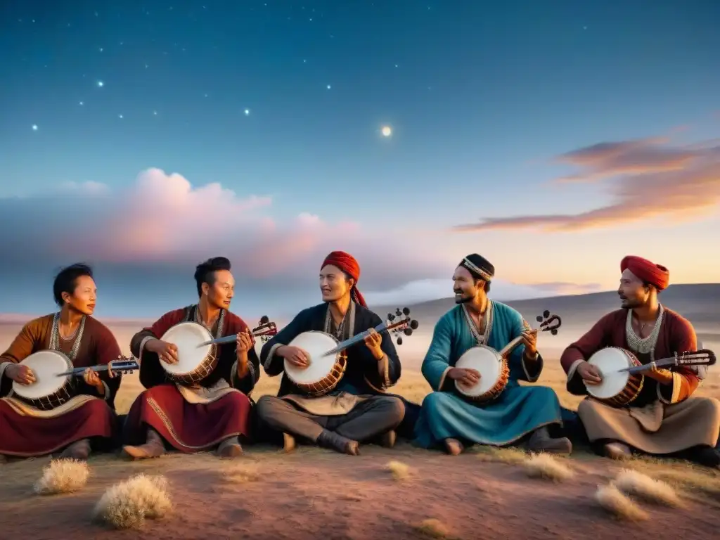 Un grupo de músicos nómadas tocando instrumentos tradicionales bajo un cielo estrellado en las estepas, la música como comunicación en estepas