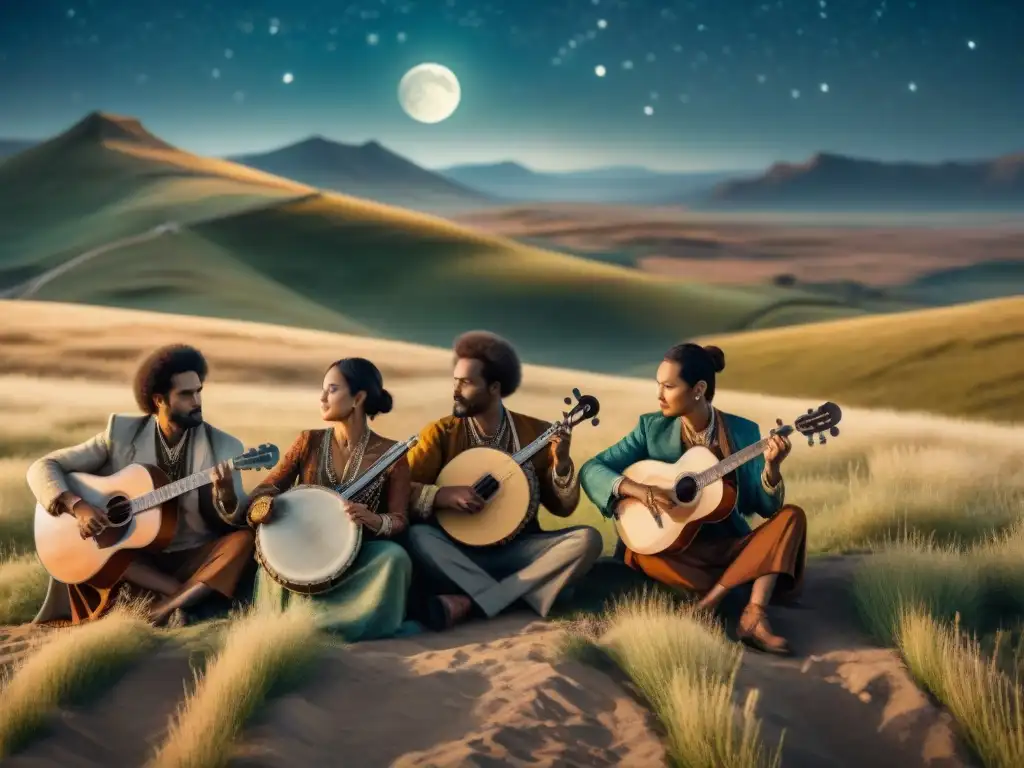 Un grupo de músicos nómadas tocando instrumentos tradicionales bajo un cielo estrellado en las estepas, la música como comunicación en estepas