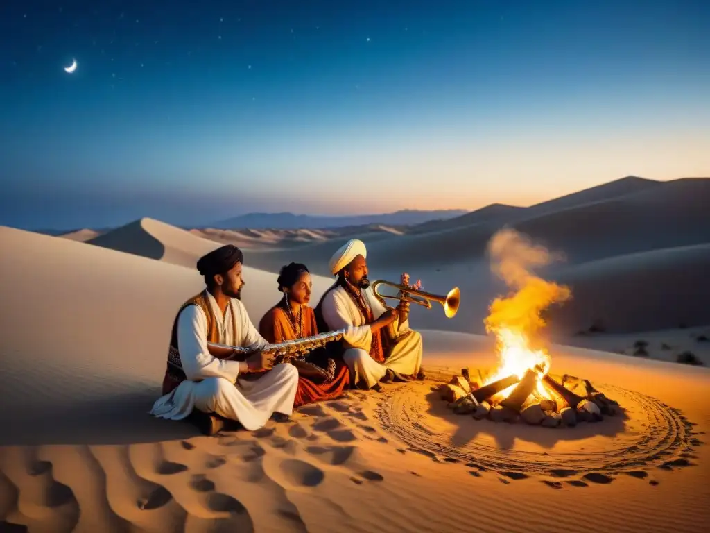 Grupo de músicos nómadas tocando instrumentos musicales tradicionales bajo un cielo estrellado en el desierto