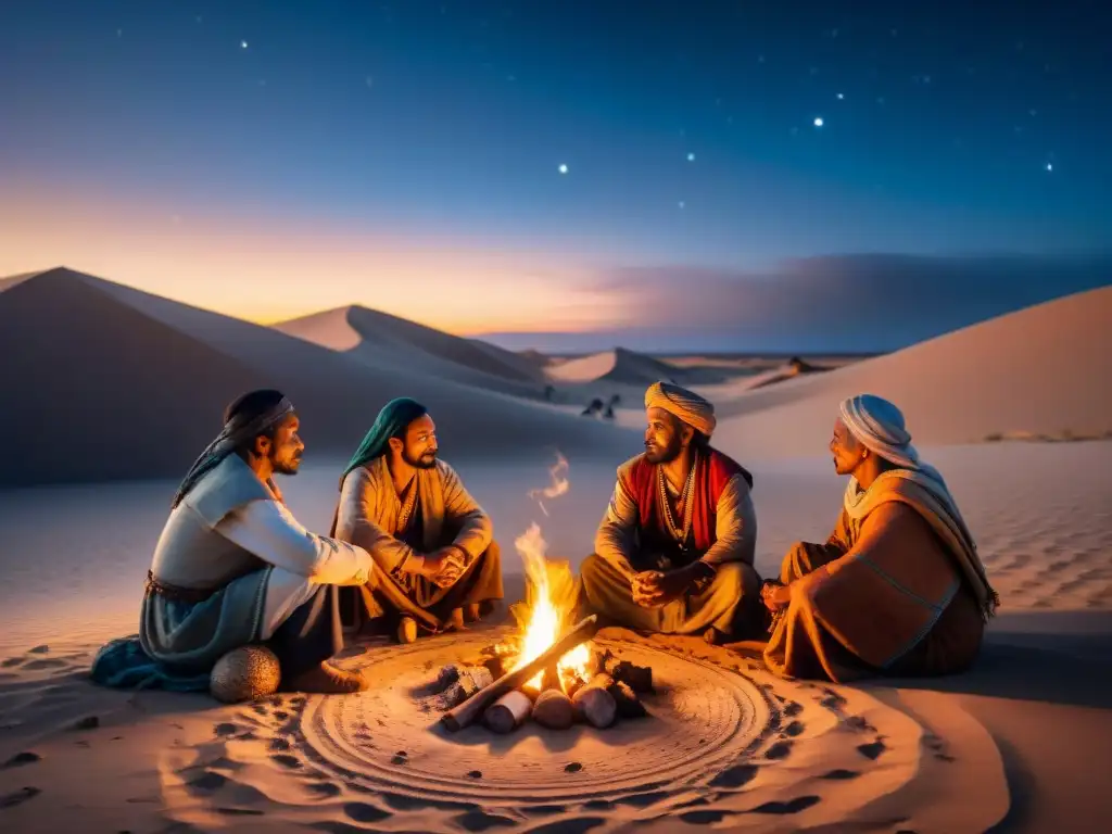 Un grupo de narradores nómadas comparte historias junto a una fogata en el desierto, evocando tradición oral y sabiduría ancestral