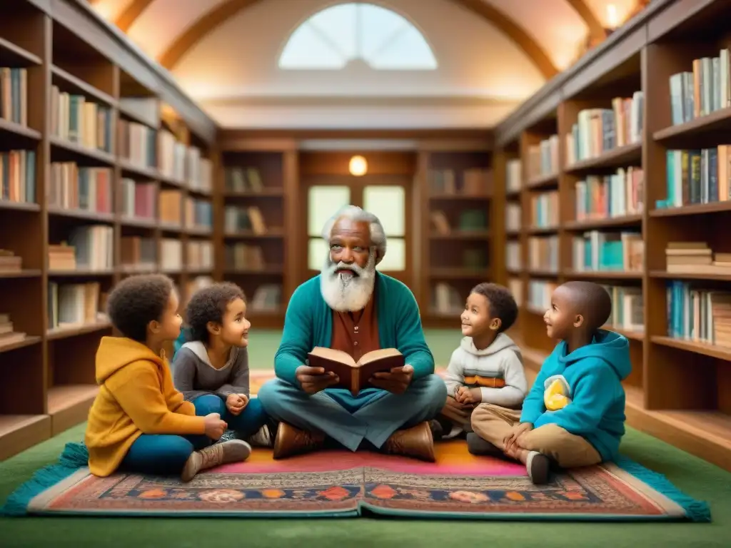 Grupo de niños escuchando con asombro a un anciano cuentacuentos en una biblioteca acogedora