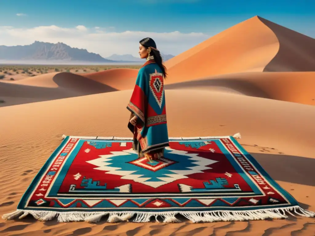 Un grupo nómada se reúne alrededor de una colorida alfombra en el desierto, mostrando la psicología de colores en diseños nómadas