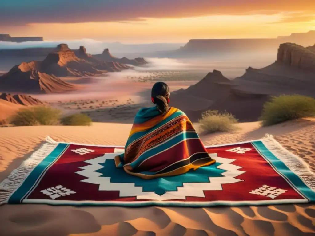 Un grupo nómada se reúne alrededor de una colorida alfombra tejida, cada uno vistiendo atuendos tradicionales que simbolizan emociones