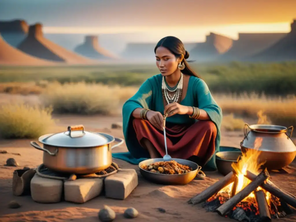 Tradiciones culinarias de una tribu nómada en las estepas áridas Un grupo nómada prepara una comida tradicional frente a una fogata en las estepas