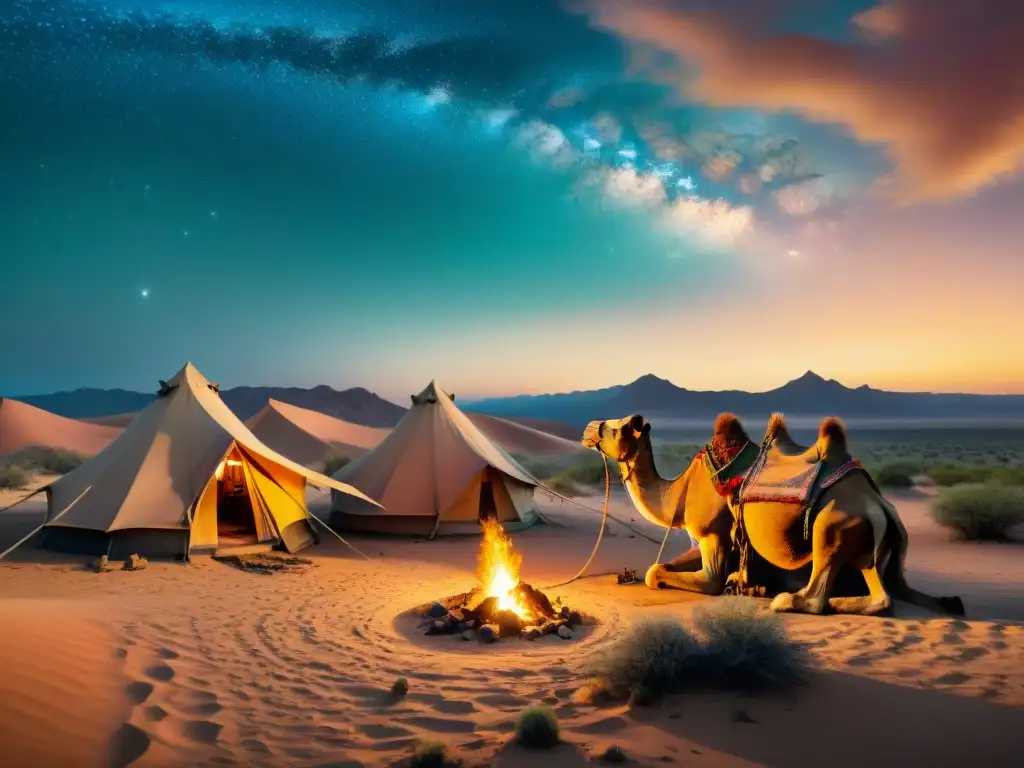 Un grupo nómada en el desierto al atardecer, reflejando la conservación de tribus nómadas