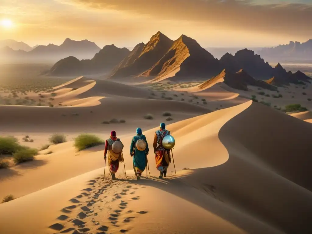 Un grupo nómada atraviesa el desierto al atardecer en camellos, con vestimenta tradicional colorida