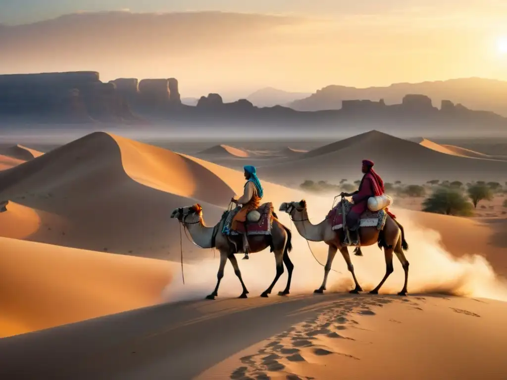 Un grupo nómada viaja en el desierto al atardecer, reflejando los Principios éticos vida nómada