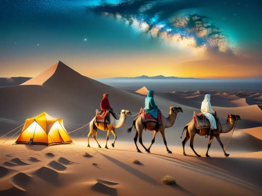 Un grupo nómada viaja por el desierto bajo un cielo estrellado, con tiendas y camellos