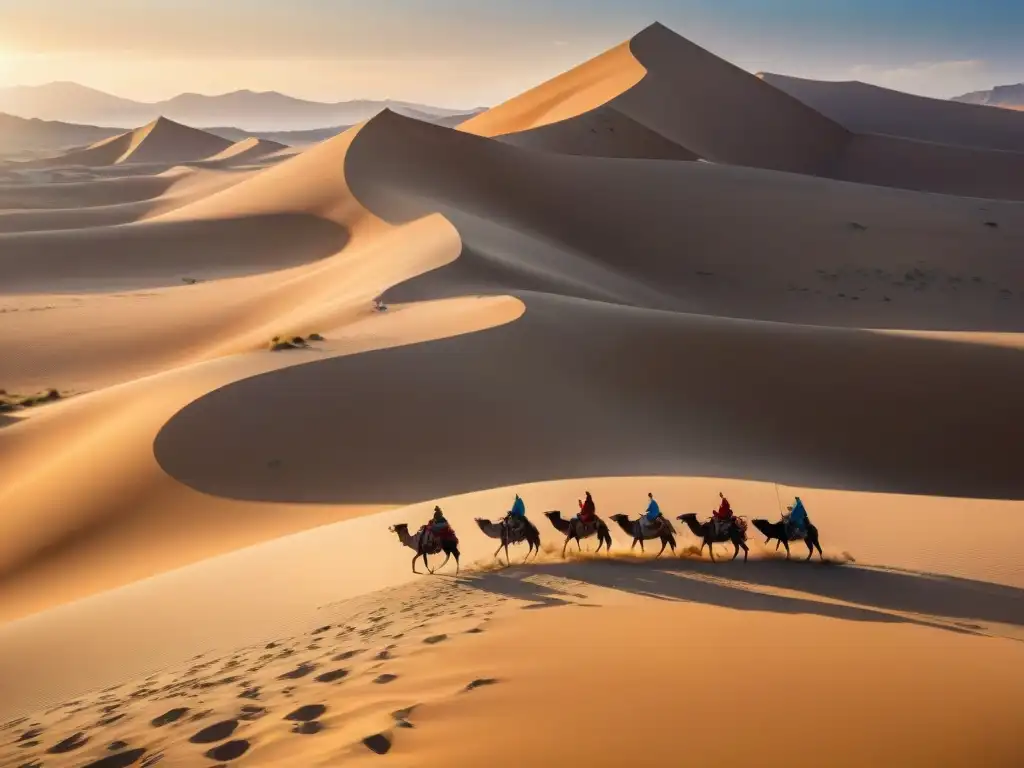 Un grupo nómada en un desierto, con tiendas tradicionales y actividades diarias al atardecer