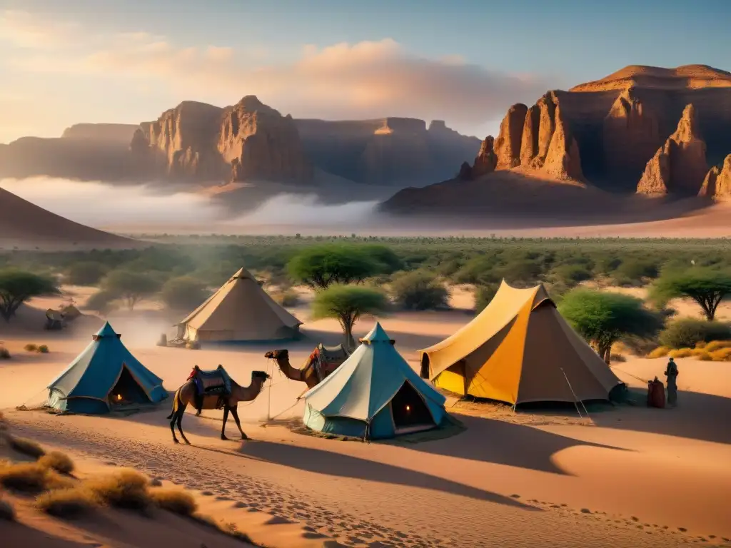 Un grupo nómada realiza ejercicios en el desierto al atardecer