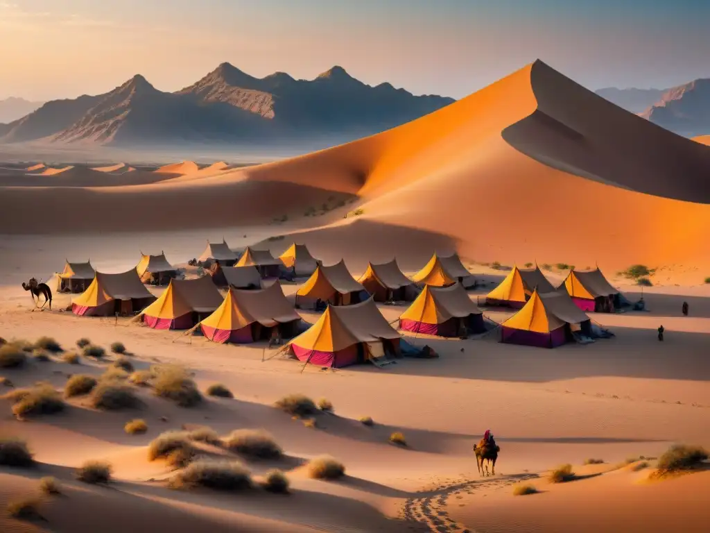 Un grupo nómada en un entorno árido monta campamento al atardecer, mostrando la sabiduría de las estrategias tribales