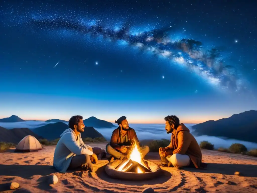 Un grupo nómada se reúne alrededor de una fogata bajo el cielo estrellado, discutiendo astronomía en cultura nómada