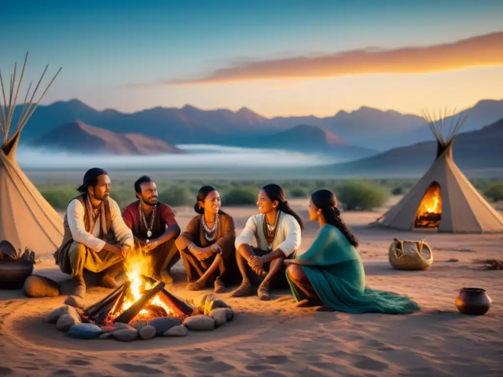 Comunidad nómada junto al fuego en el desierto Grupo nómada alrededor de fogata en desierto, evocando la conservación cultural tribus nómadas