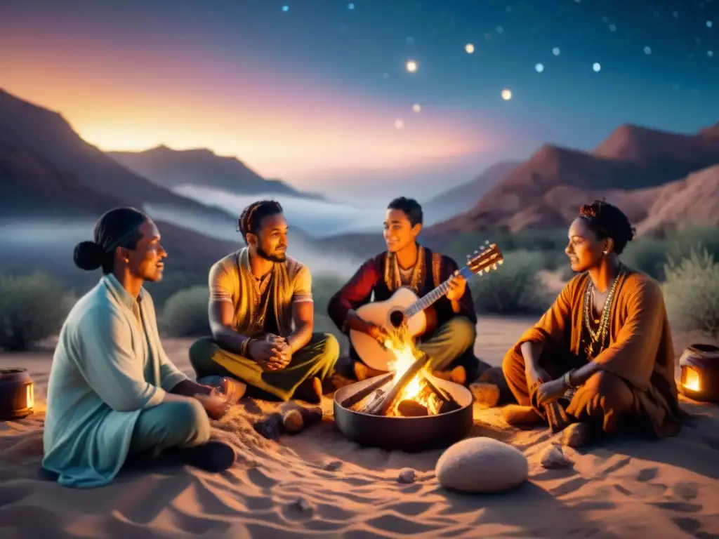 Grupo nómada alrededor de fogata bajo las estrellas, cantando y tocando instrumentos tradicionales en el desierto