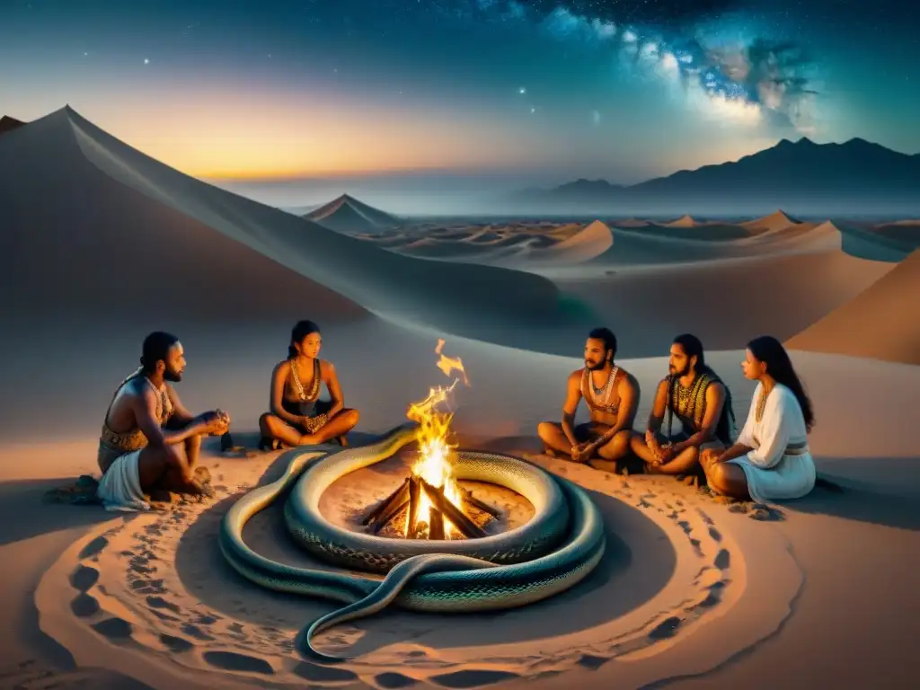 Tribo nómada junto a fogata en desierto bajo cielo estrellado con serpiente Grupo nómada alrededor del fuego en desierto estrellado, con serpiente simbólica