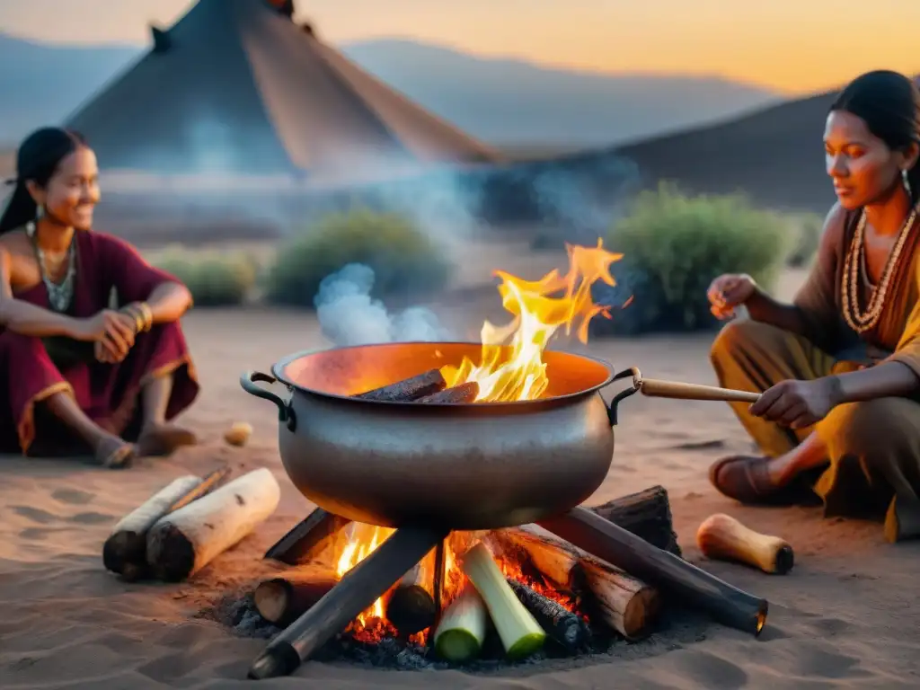 Un grupo nómada se reúne alrededor de una hoguera en el desierto, mostrando diversas técnicas de cocción en culturas nómadas