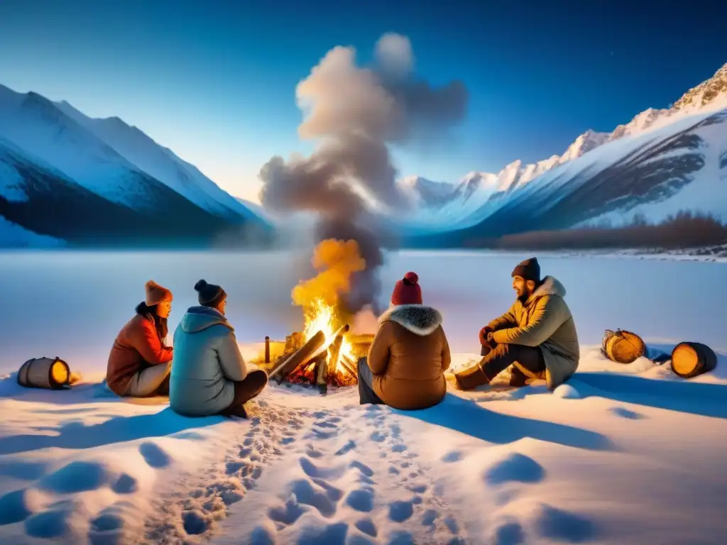 Grupo nómada en invierno frío, estrategias de supervivencia alrededor de fogata en la nieve estrellada