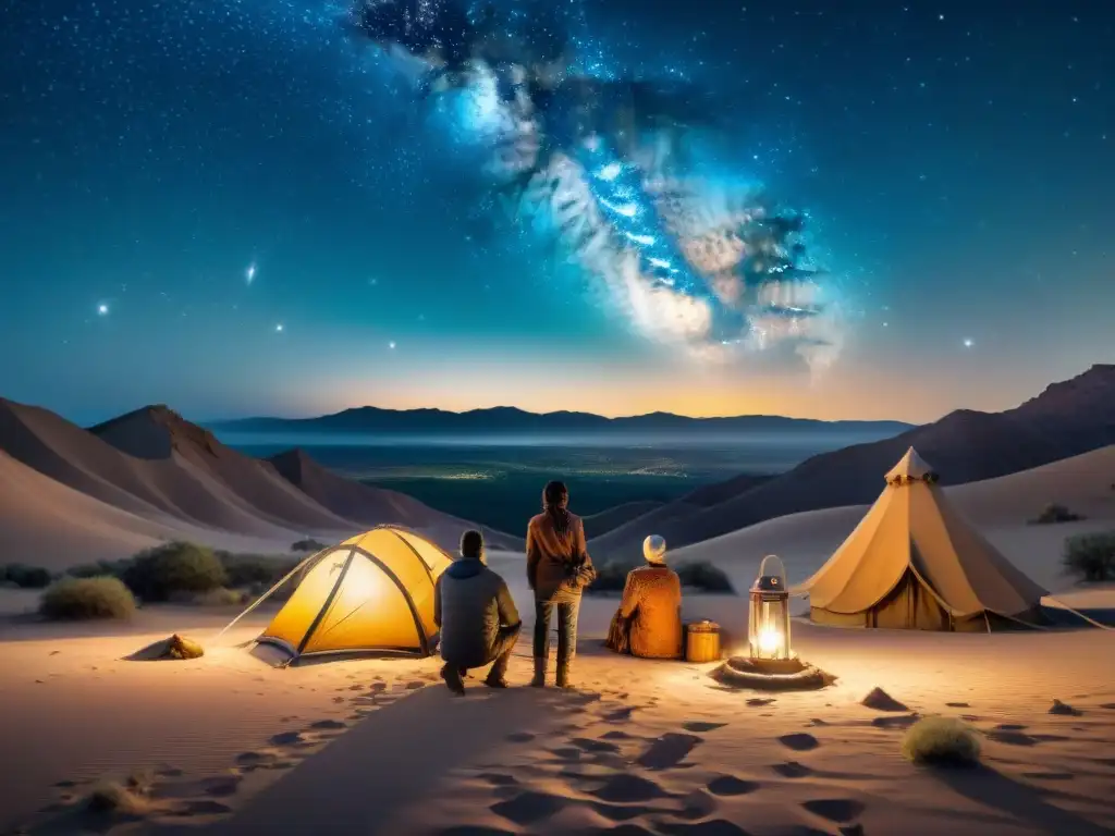 Un grupo nómada contempla maravillado el cielo estrellado en el desierto, destacando la armonía entre su estilo de vida y la belleza natural