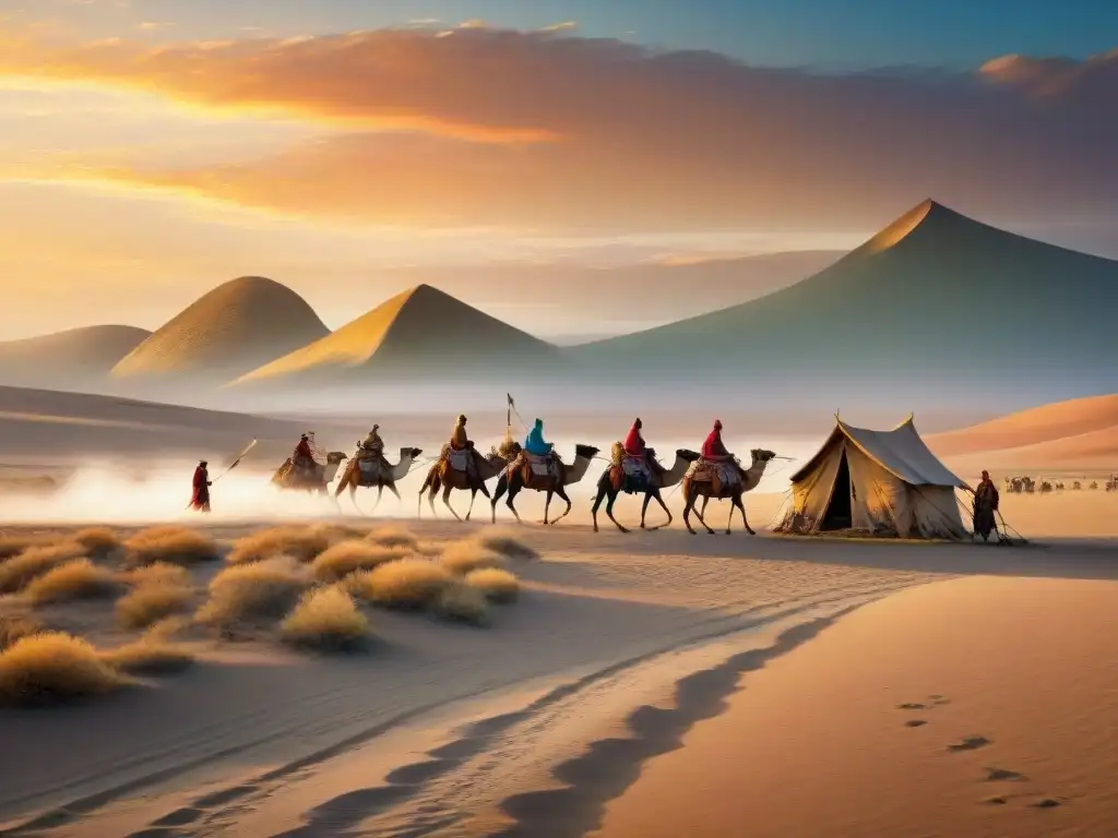 Un grupo nómada en la estepa con tiendas y camellos al atardecer