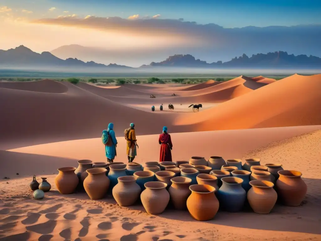 Un grupo de nómadas recoge agua en el desierto al atardecer, resaltando los beneficios minerales esenciales para el cuerpo