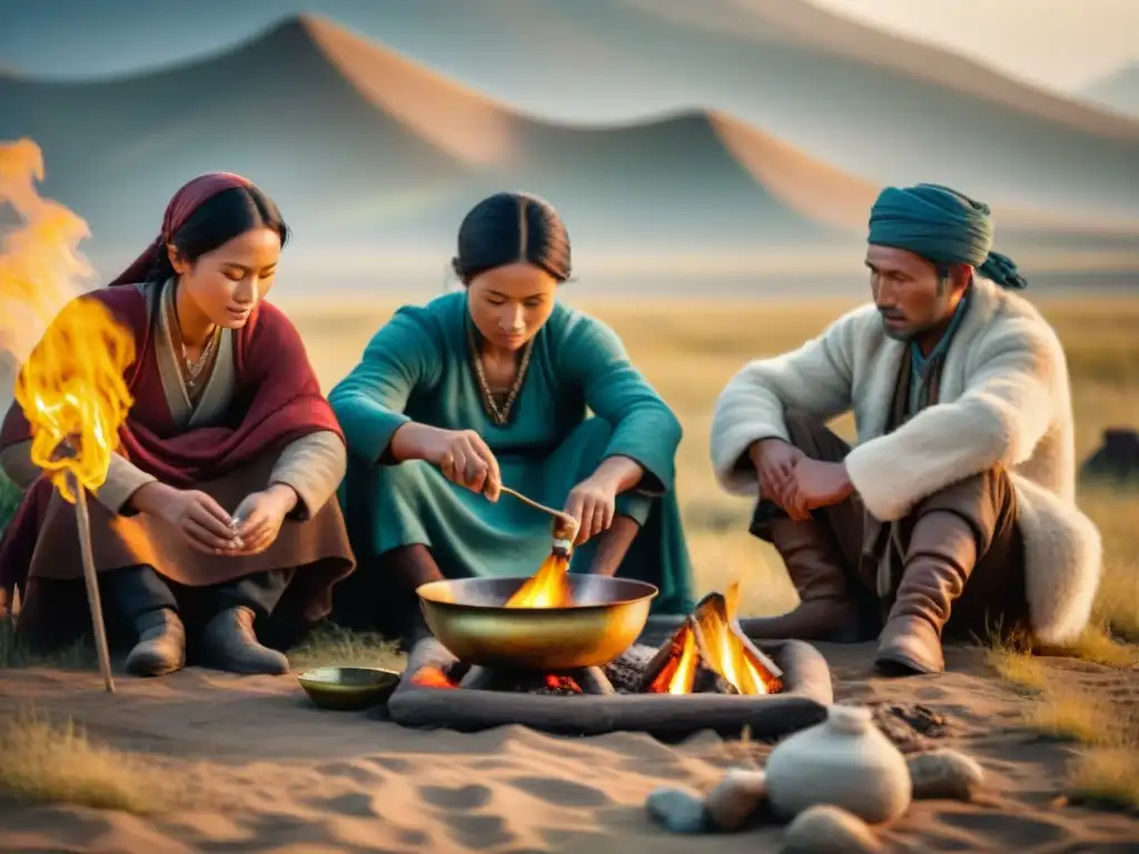 Nomadas ancestrales cocinan en la estepa dorada Un grupo de nómadas preparando alimentos en la estepa dorada, demostrando su resiliencia