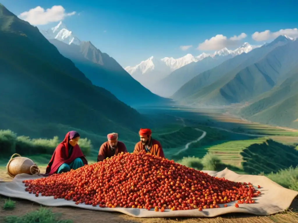 Grupo de nómadas del Himalaya recolectando bayas de goji bajo cielo azul, rodeados de montañas nevadas