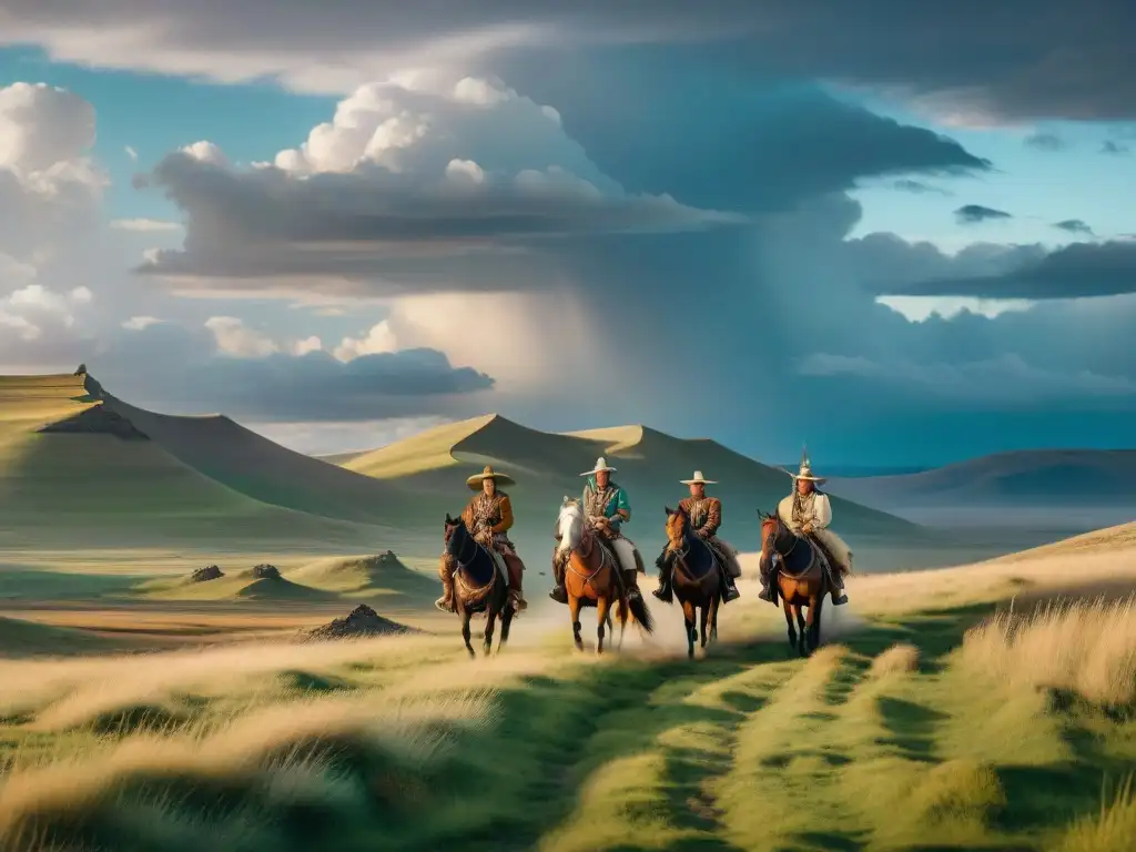 Un grupo de nómadas a caballo cruza las estepas, reflejando un intercambio cultural entre estepas lleno de historia y tradición