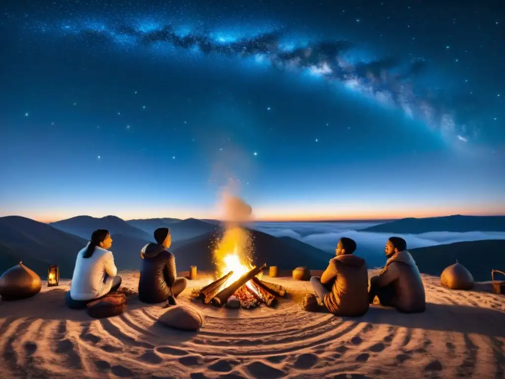 Grupo de nómadas bajo el cielo estrellado, conectando con la Astronomía en tribus nómadas