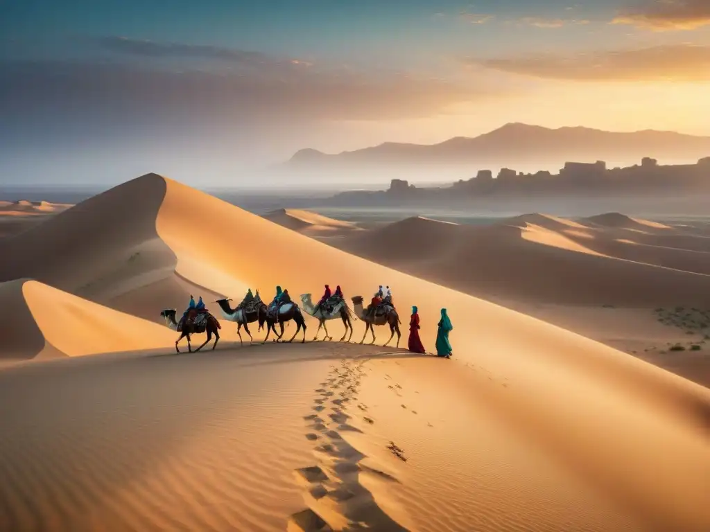 Un grupo de nómadas de diversas culturas viste indumentaria tradicional en el desierto bajo un cielo estrellado