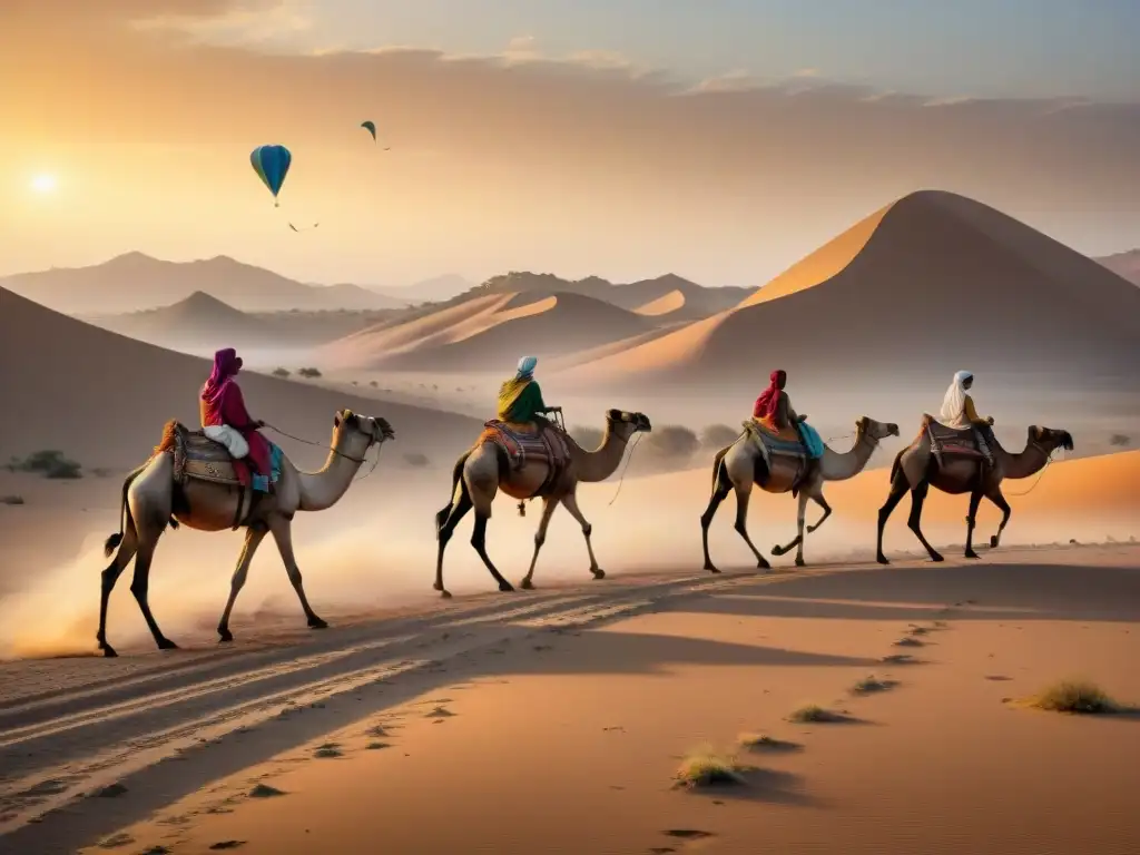 Un grupo de niños nómadas juega en el desierto al atardecer