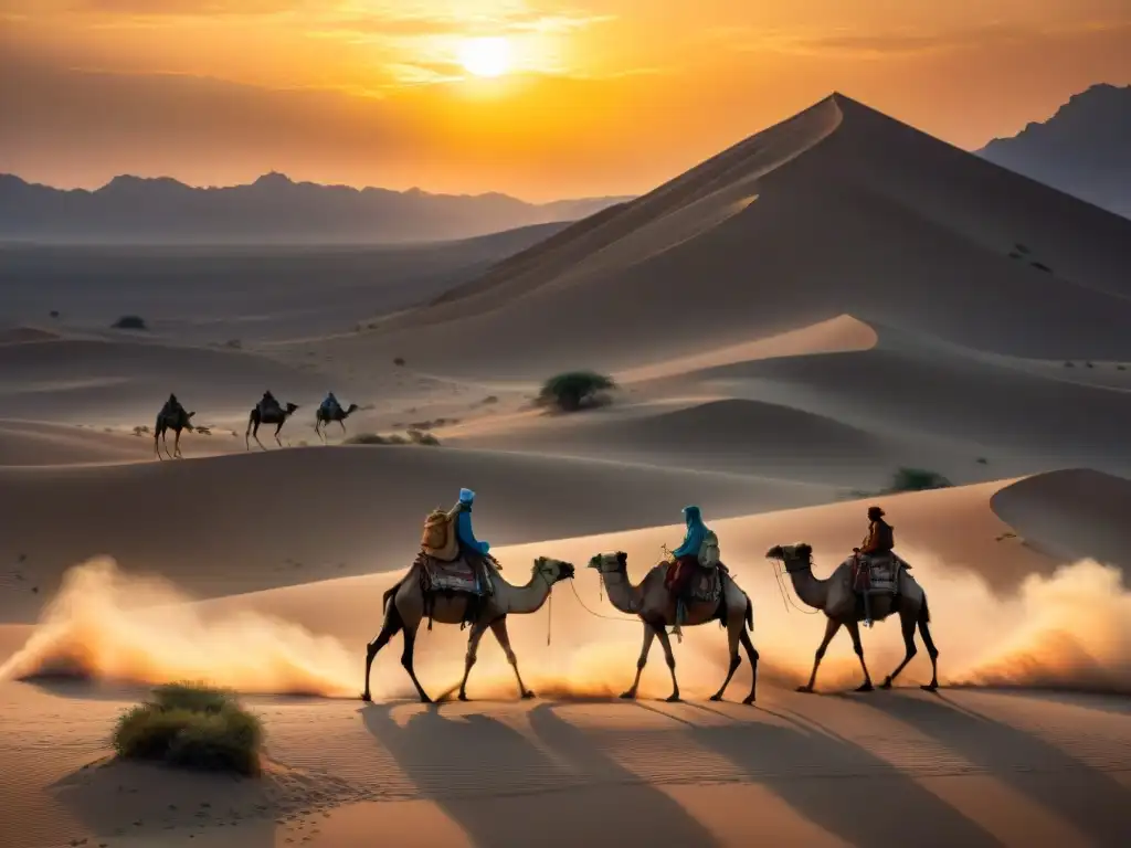 Un grupo de nómadas en el desierto al atardecer