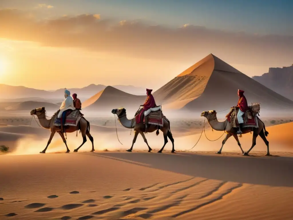 Un grupo de nómadas viaja por el desierto al atardecer, transmitiendo sabiduría entre generaciones