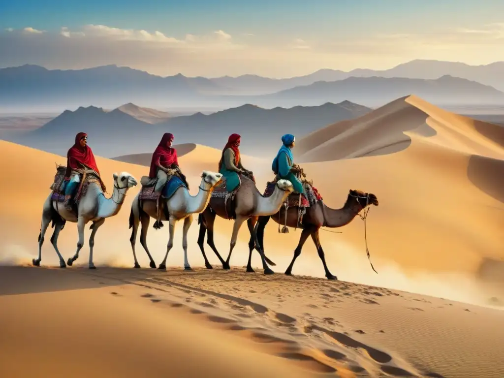Travesía épica: nomadas en desierto con camellos cargados Un grupo de nómadas recorriendo el desierto con camellos cargados de mercancías, reflejando la importancia arqueológica de las culturas nómadas
