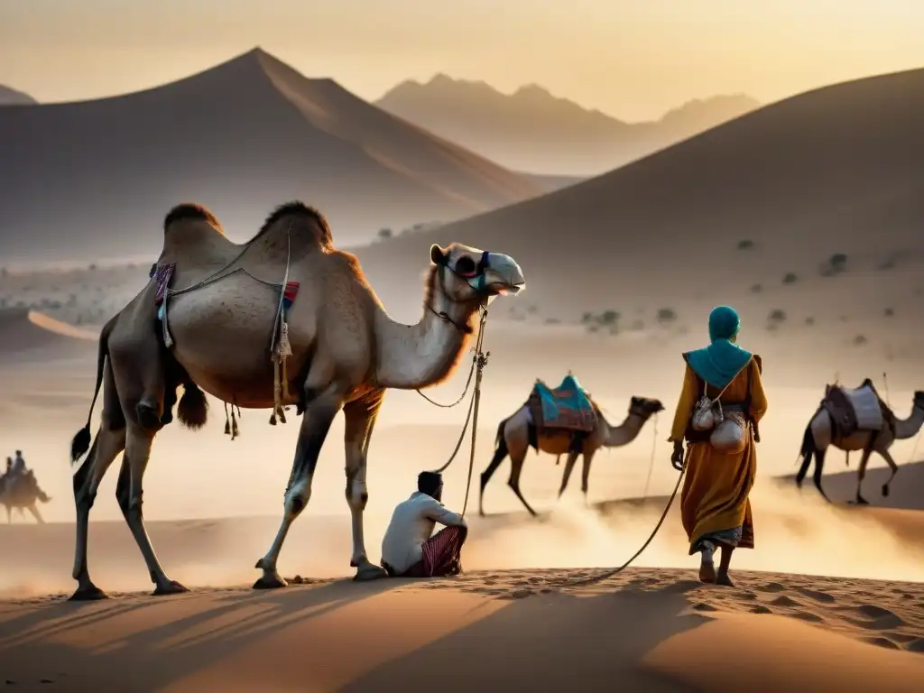 Un grupo de nómadas en el desierto ordeñando camellos al atardecer