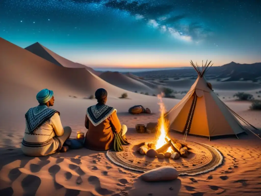 Un grupo de nómadas en el desierto, con patrones detallados en su ropa y tiendas, reunidos alrededor de una fogata bajo un cielo estrellado