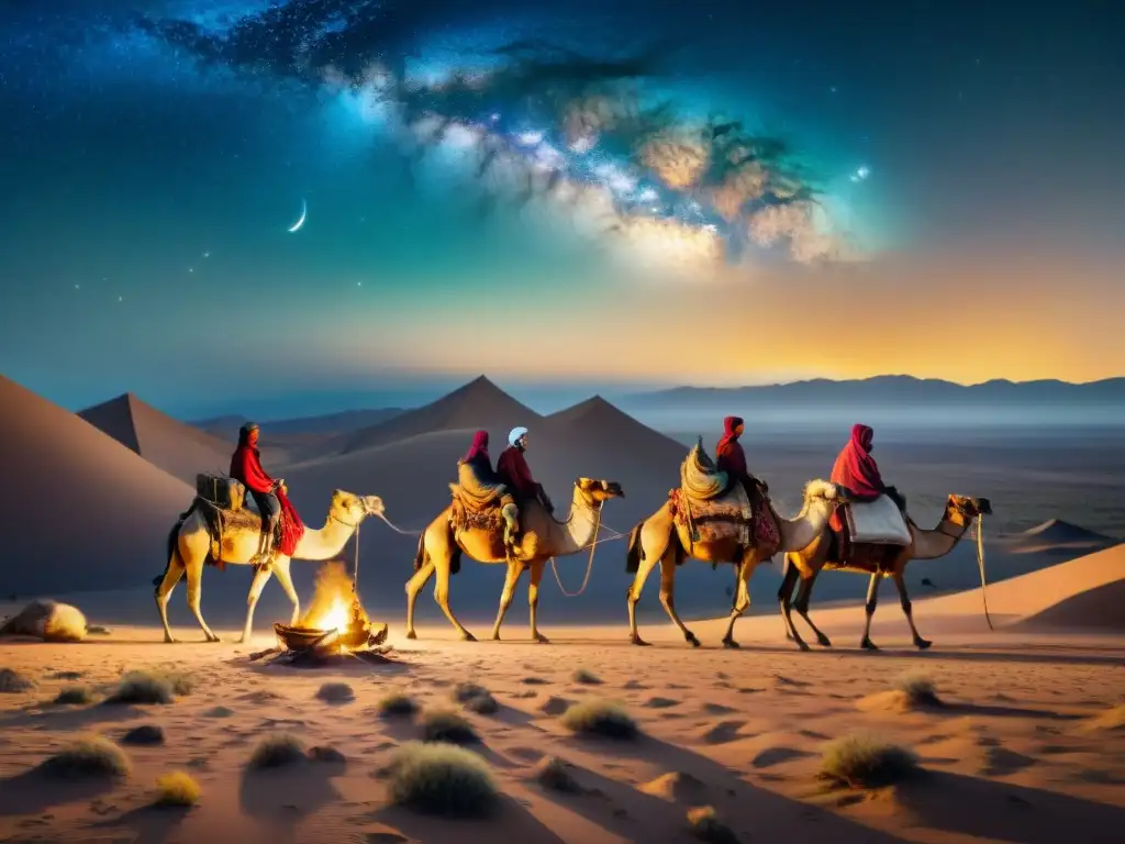 Vida nómada en el desierto: tribus ancestrales bajo las estrellas Un grupo de nómadas en el desierto, reflejo de la importancia arqueológica de las culturas nómadas