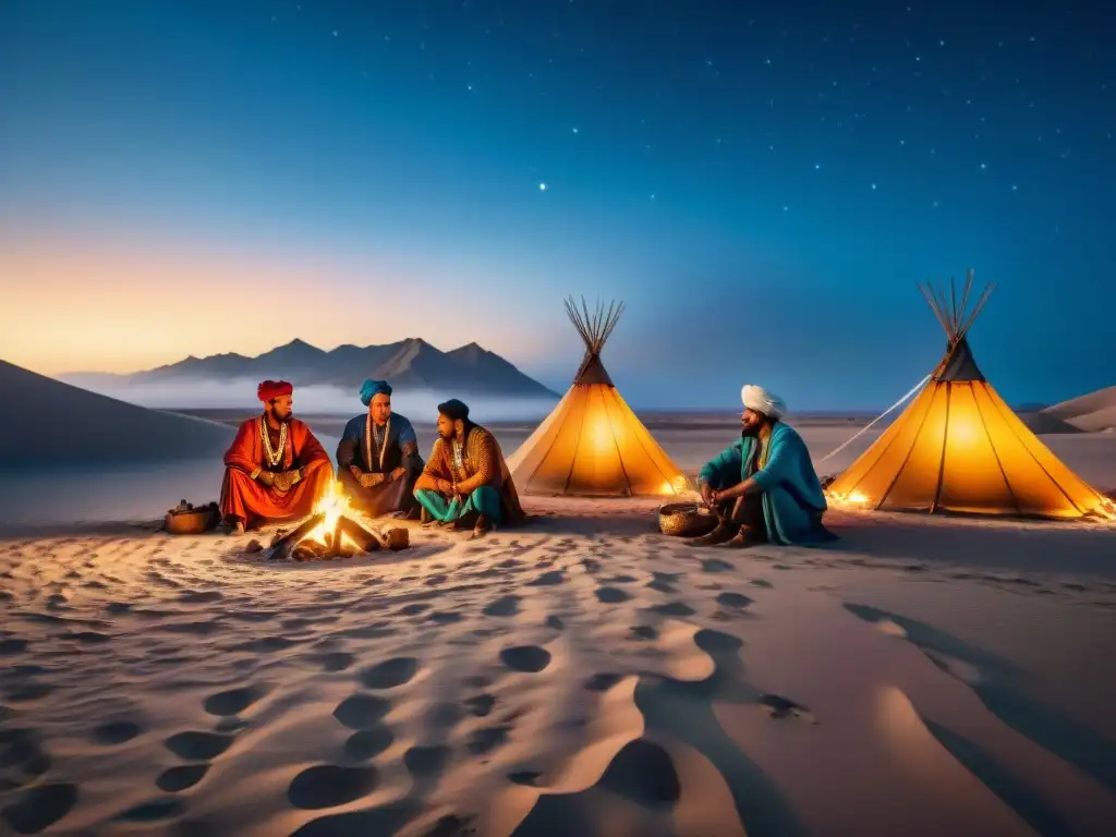 Grupo de nómadas en desierto de la Ruta de la Seda, con atuendos tradicionales, fogata y noche estrellada