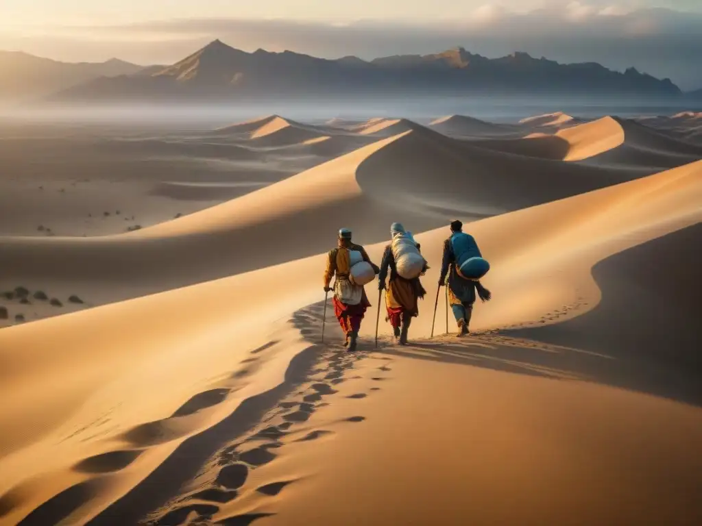 Un grupo de nómadas recorriendo un desierto, llevando suplementos naturales para resistencia nómada, con el sol poniéndose detrás