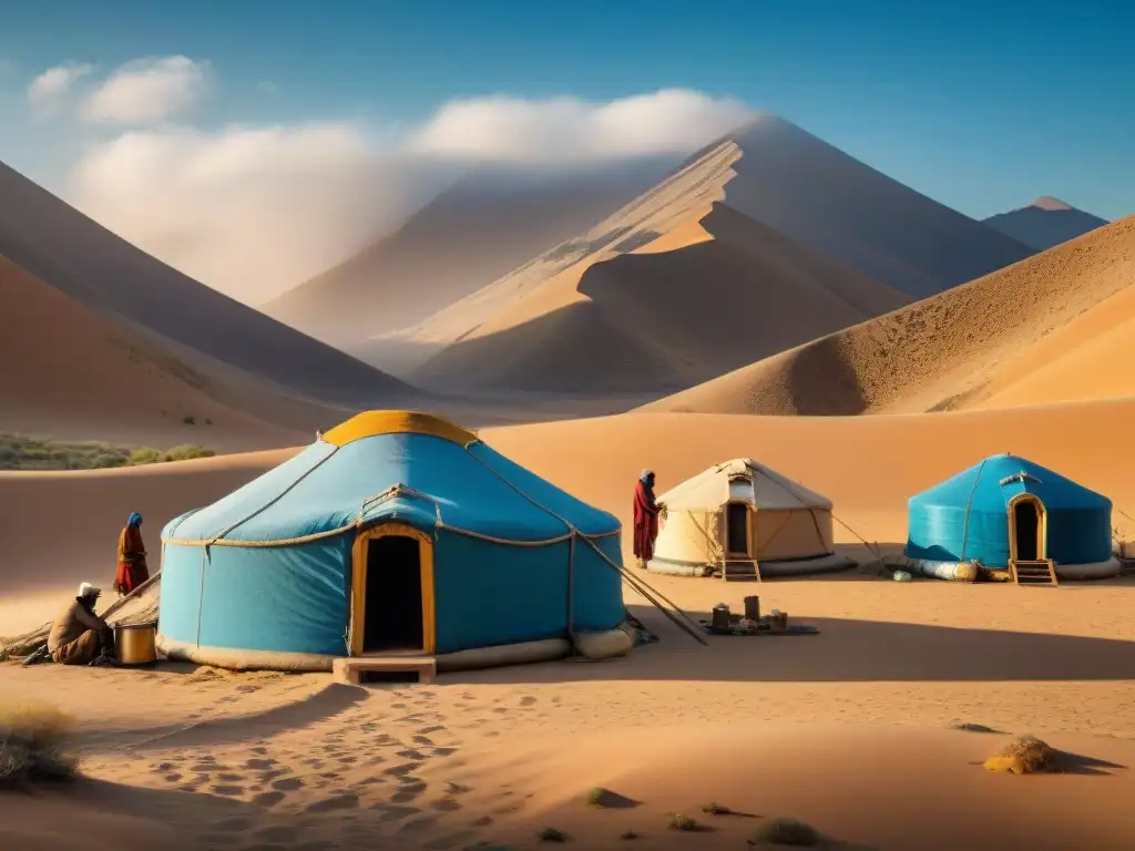 Grupo de nómadas armando yurta en desierto