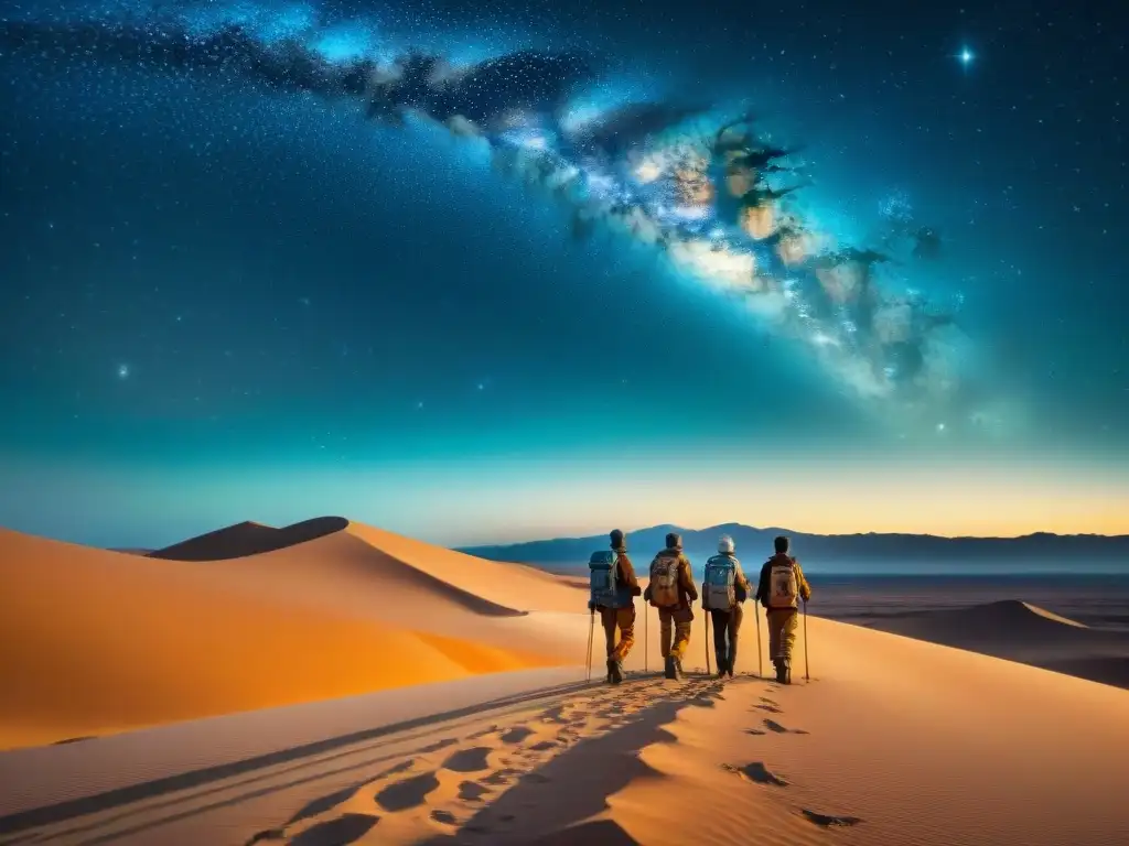 Un grupo de nómadas navegando por las estrellas en el desierto, con constelaciones brillantes