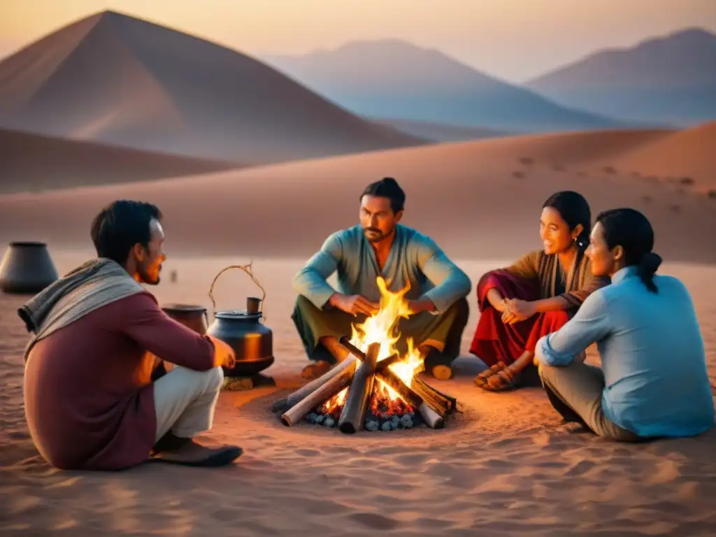 Grupo de nómadas alrededor de una fogata en el desierto, con un sofisticado filtro de agua de arcilla