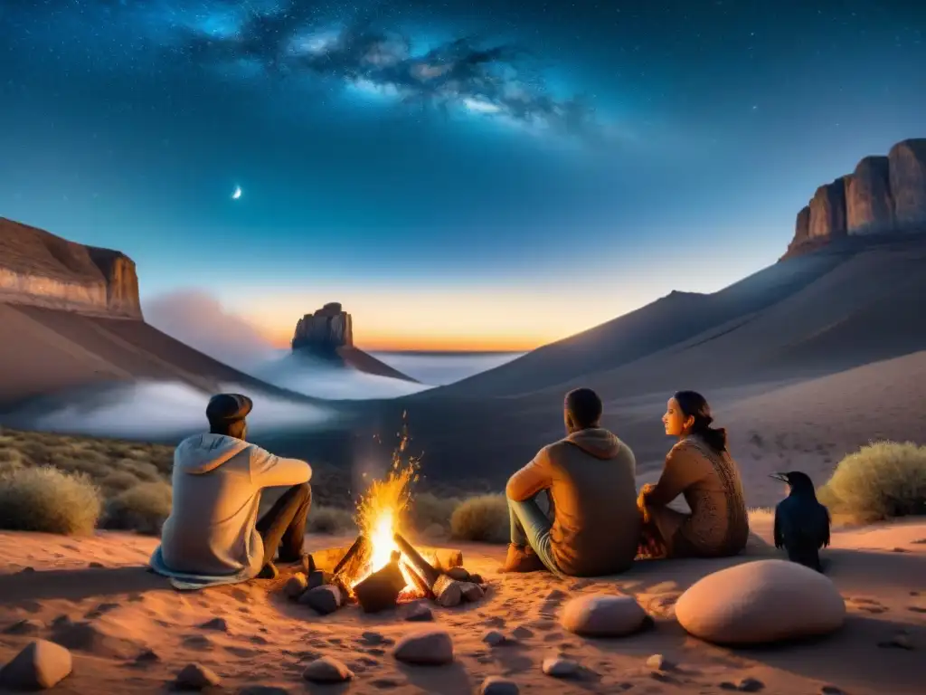 Un grupo de nómadas alrededor de una fogata en el desierto, admirando a un cuervo negro en la noche estrellada