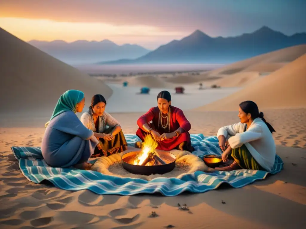 Grupo de nómadas cocinando alrededor de fogata en desierto, en tienda decorada con telas coloridas