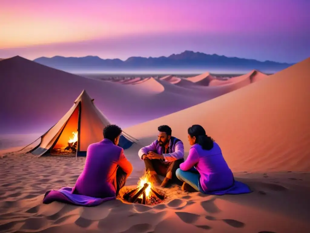 Grupo de nómadas alrededor de una fogata fuera de sus tiendas tradicionales en un paisaje desértico al atardecer, con tienda de campaña para nómadas