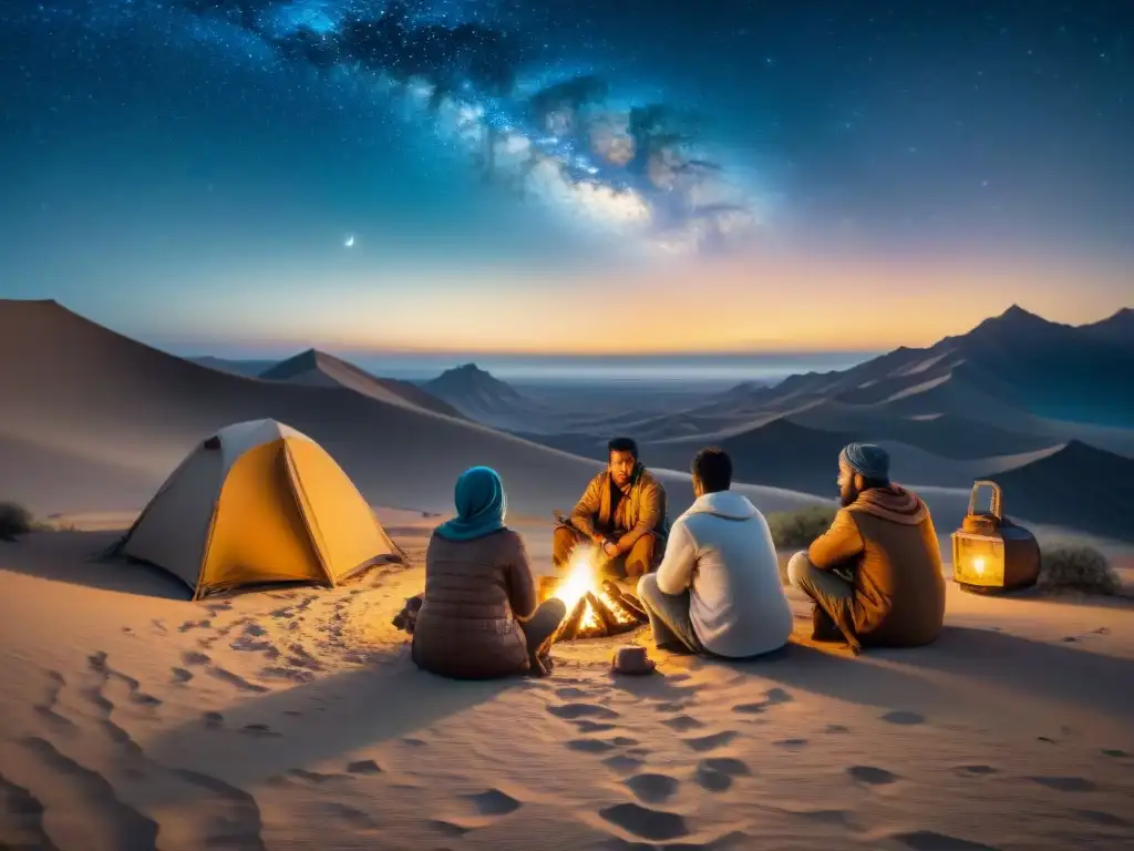 Grupo de nómadas escuchando historias sobre la estrella polar en el desierto bajo un cielo estrellado