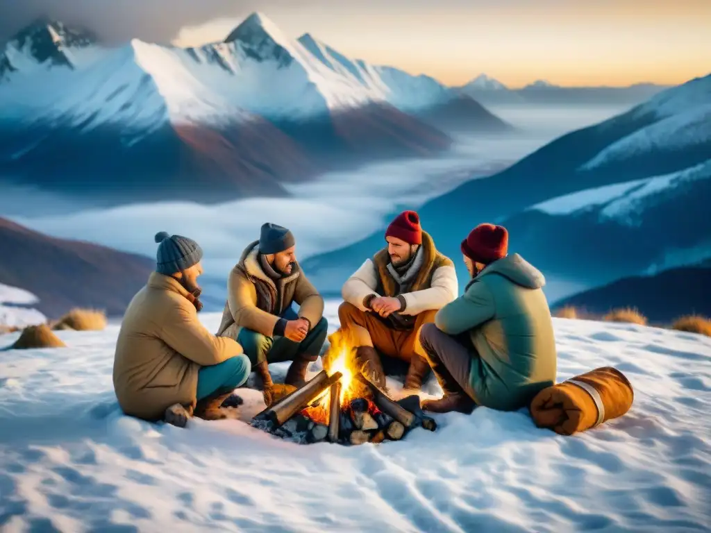 Grupo de nómadas en invierno, abrigados alrededor de fogata en la nieve